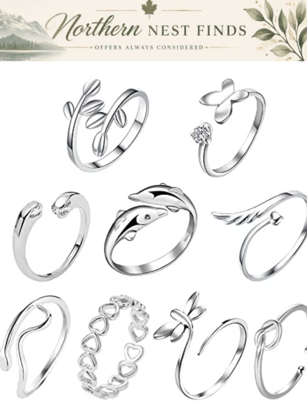9Pc Copper Plated Silver Open Ring Set Adjustable Knot Finger Toe Rings